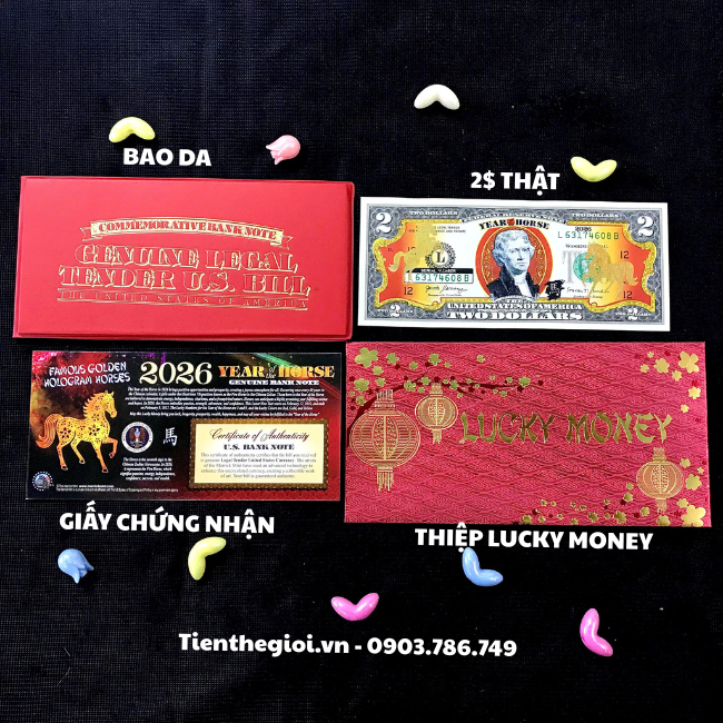 Combo 3 Tiền 2 USD Hình Con Ngựa Mạ Vàng 2026